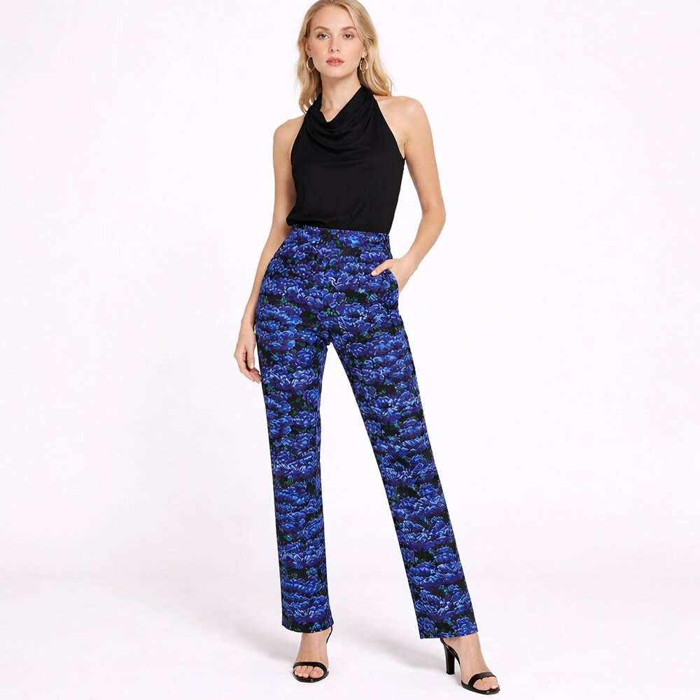Mary Katrantzou Floral Silk Pants Blue Multi Print Size 8